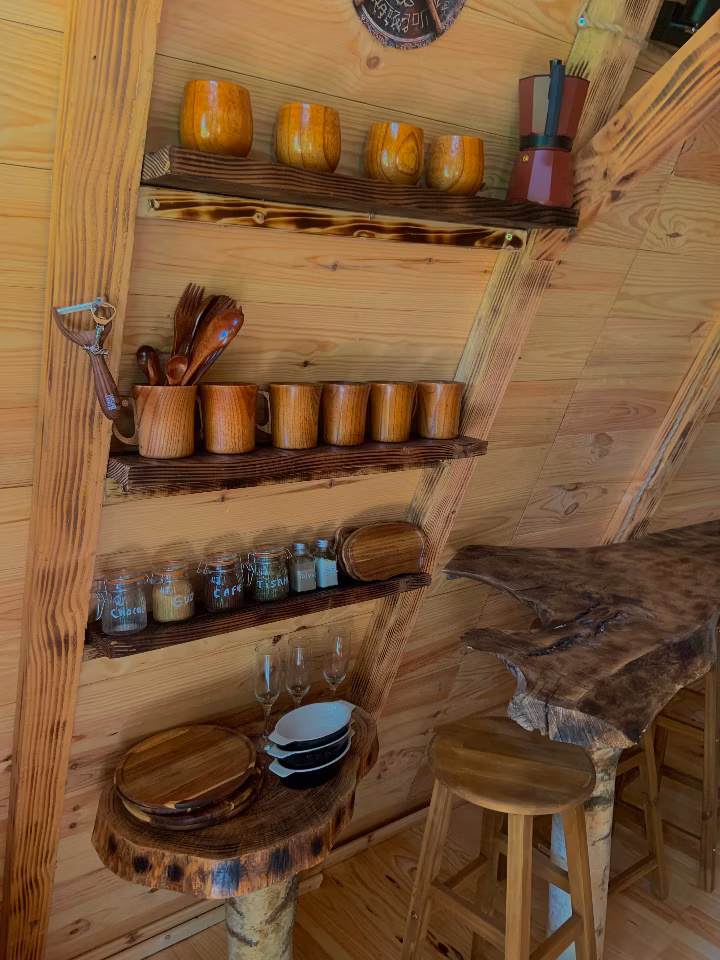 vue sur le chalet en bois - le coin cuisine - démonstration d'architecture durable et architecture intérieur durable 